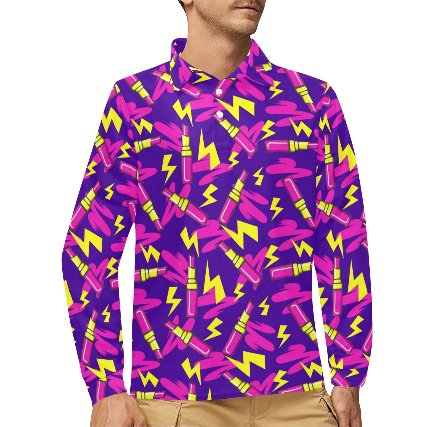 Lipstick Pattern Print Design LT04 Long Sleeve Polo Shirt For Men's