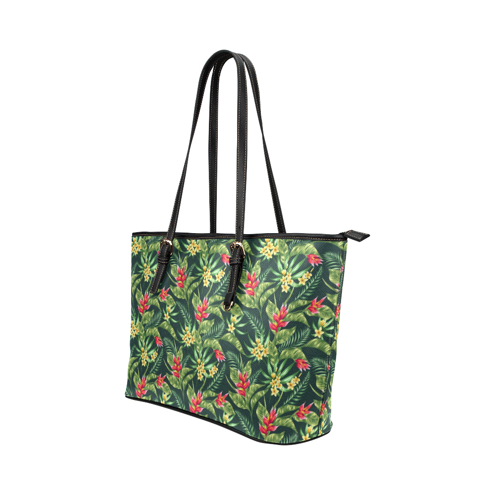 Tropical Folower Red Heliconia Print Leather Tote Bag