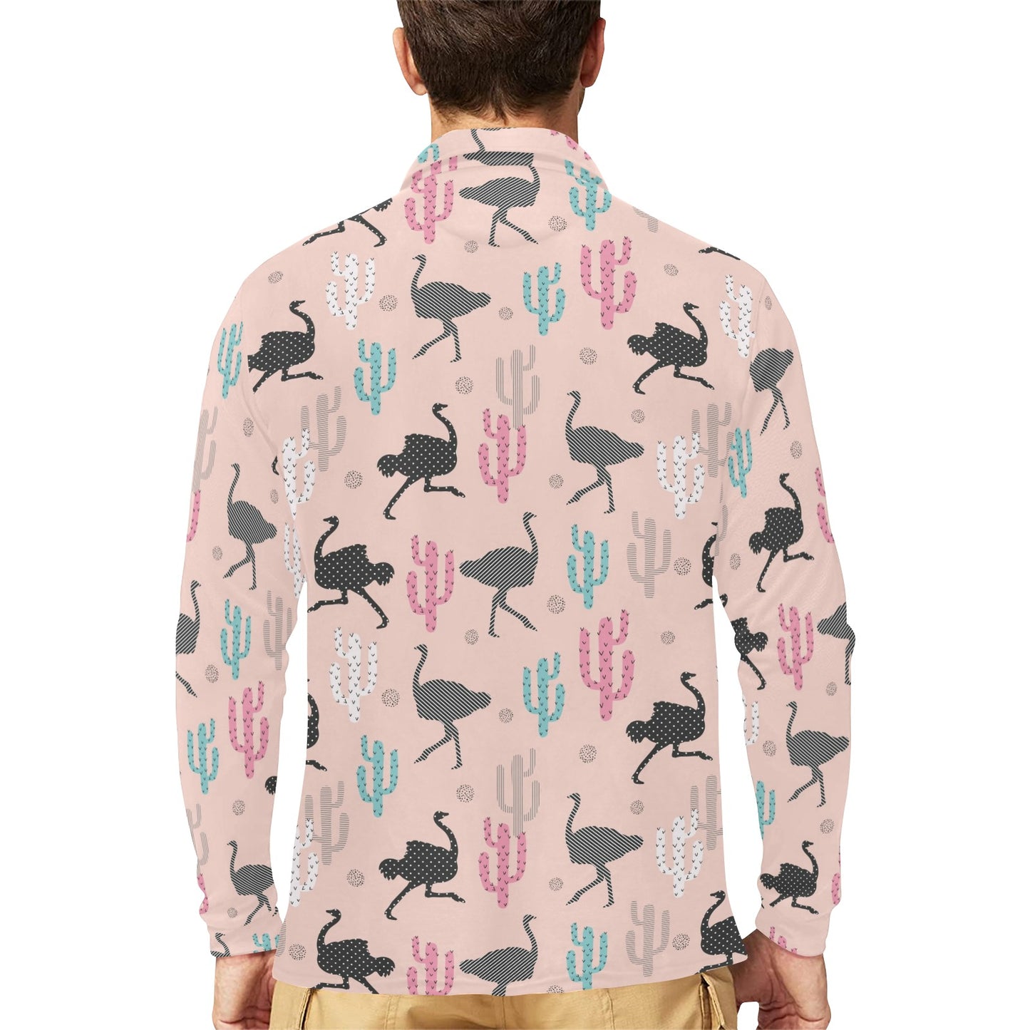 Ostrich Pattern Print Design 03 Long Sleeve Polo Shirt For Men's