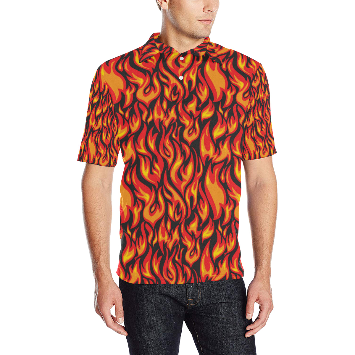 Flame Fire Print Pattern Men Polo Shirt