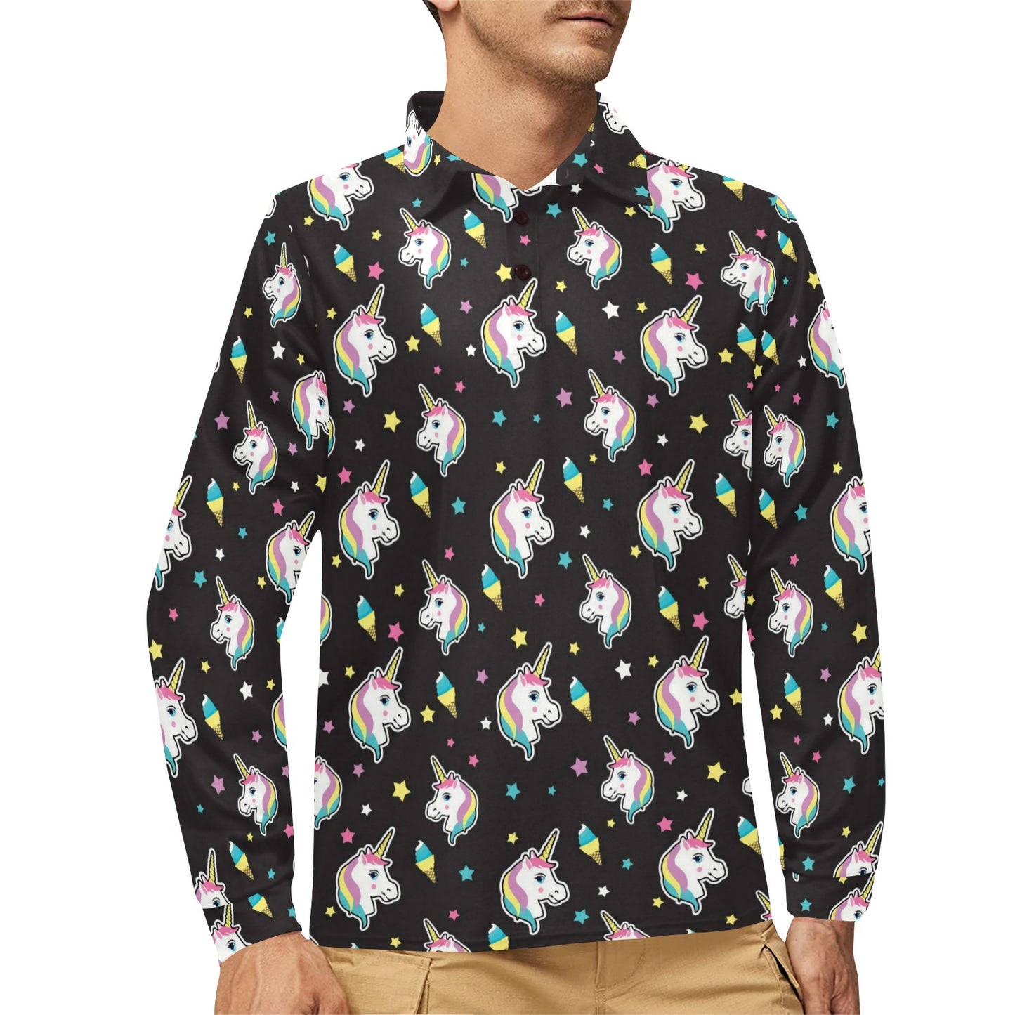 Unicorn Print Design LKS302 Long Sleeve Polo Shirt For Men's