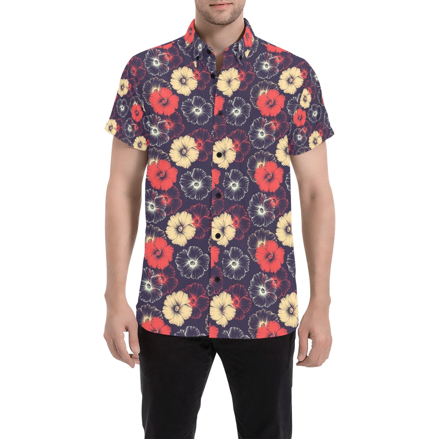 Tropical Flower Print Design LKS302 Men Short Sleeve Button Up Shirt