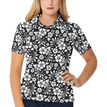 Floral Black White Themed Print Women's Polo Shirt