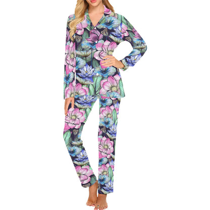 Water Lily Pattern Print Design WL07 Women's Long Pajama Set