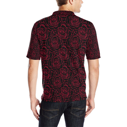 Red Rose Design Print Men Polo Shirt