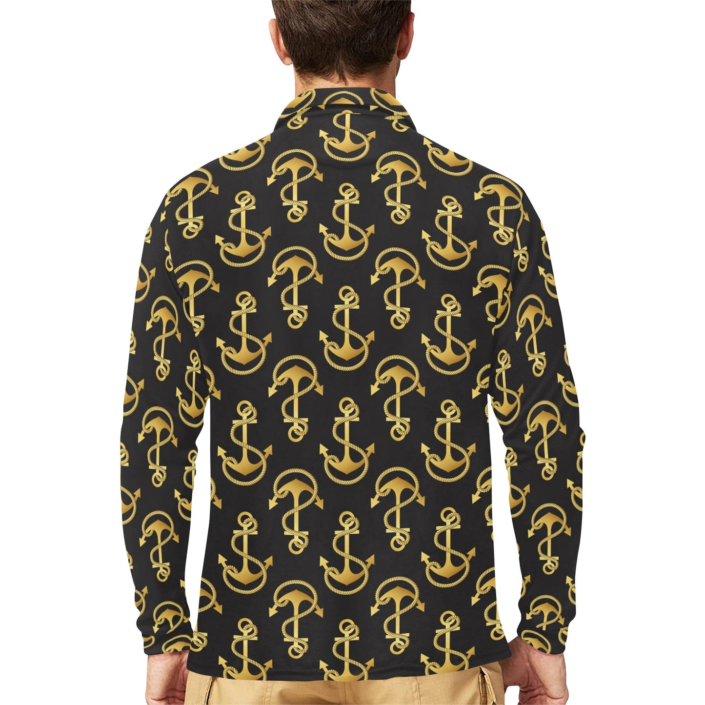 Anchor Gold Pattern Long Sleeve Polo Shirt For Men's