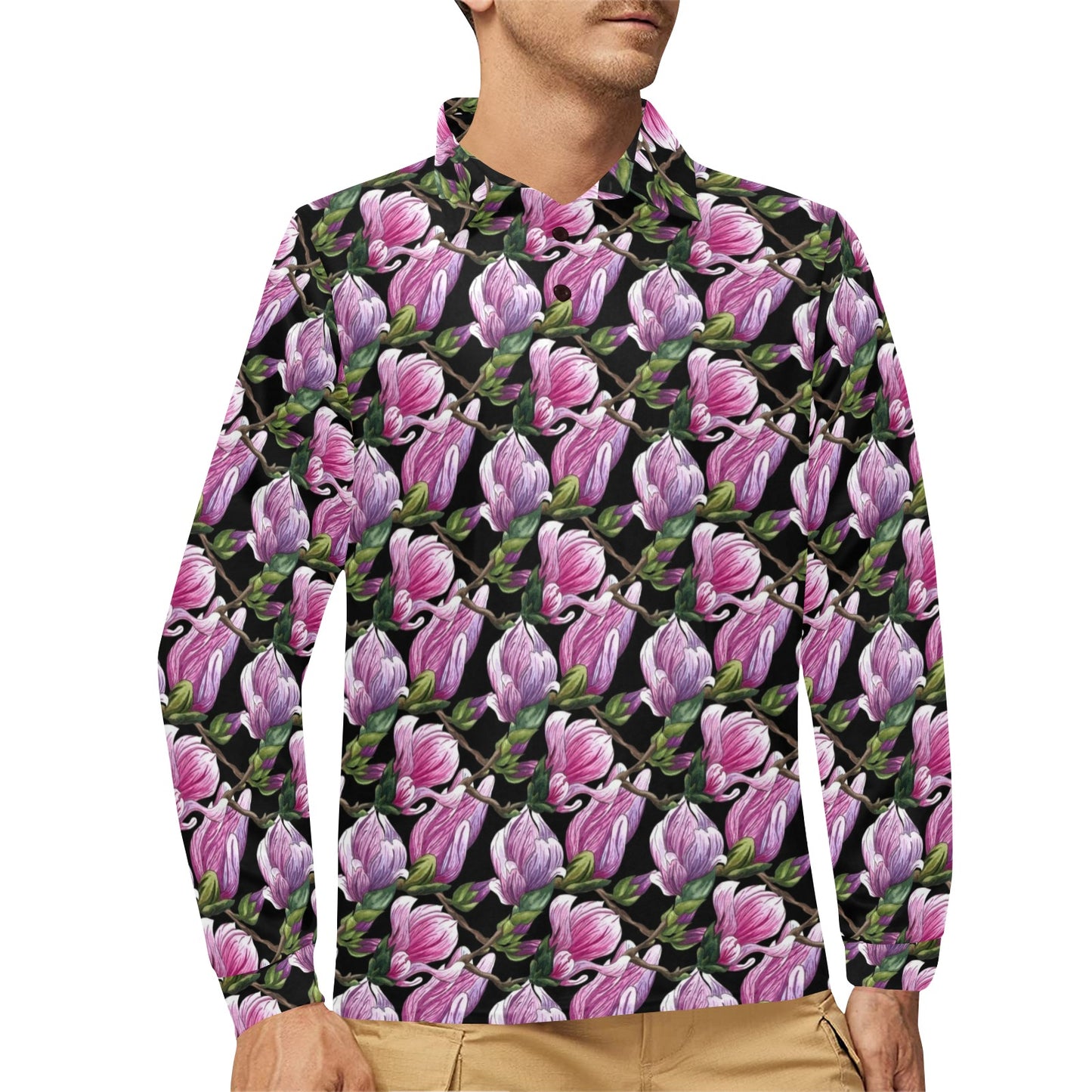 Magnolia Pattern Print Design MAG011 Long Sleeve Polo Shirt For Men's