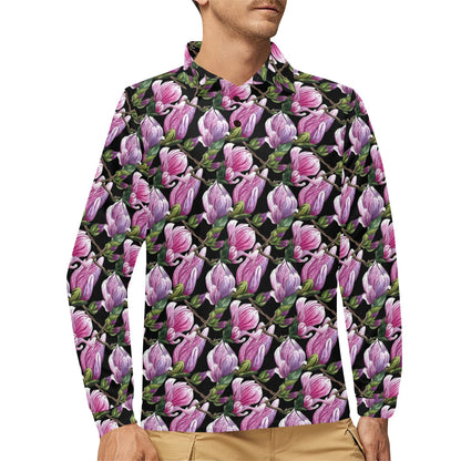 Magnolia Pattern Print Design MAG011 Long Sleeve Polo Shirt For Men's