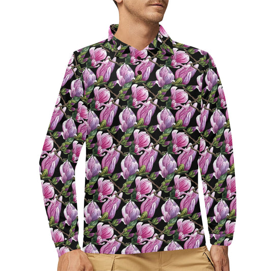 Magnolia Pattern Print Design MAG011 Long Sleeve Polo Shirt For Men's