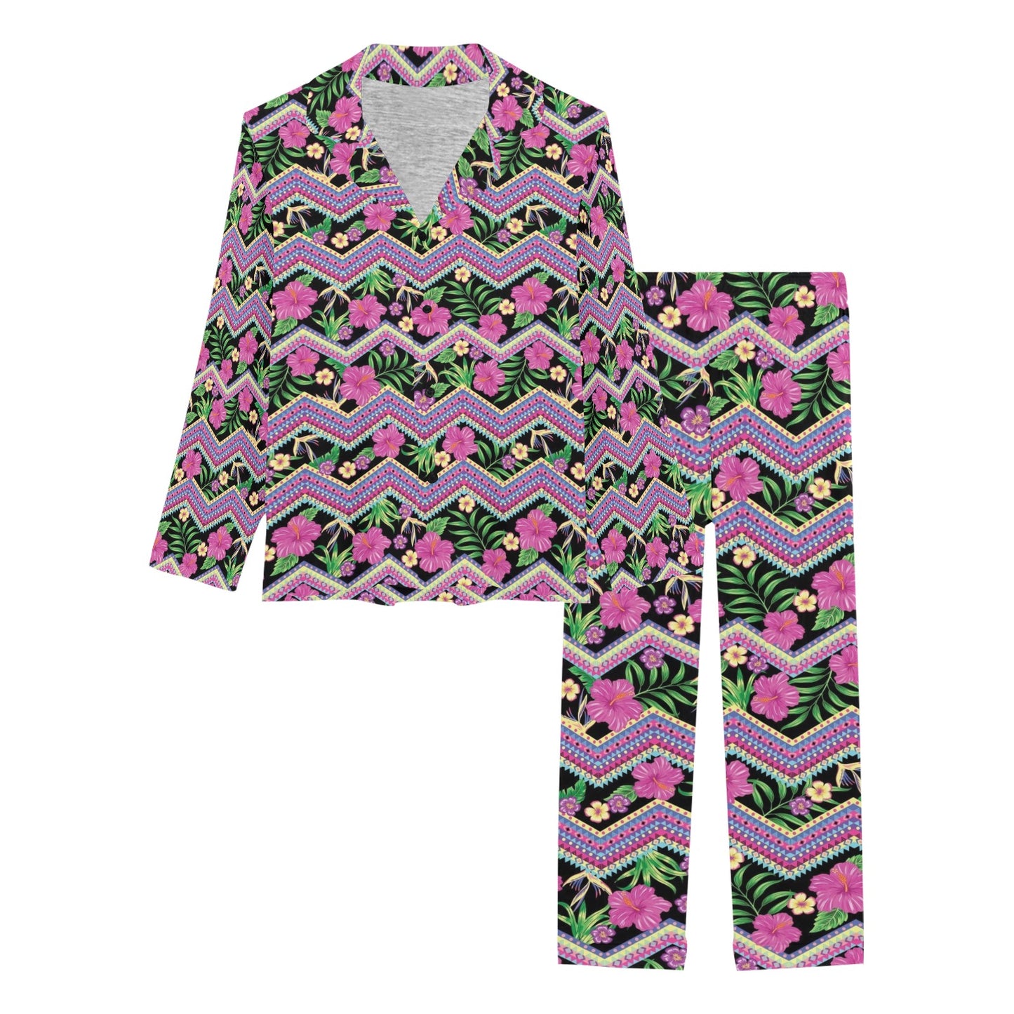 Hibiscus Pink Zigzag Line Pattern Design LKS307 Women's Long Pajama Set