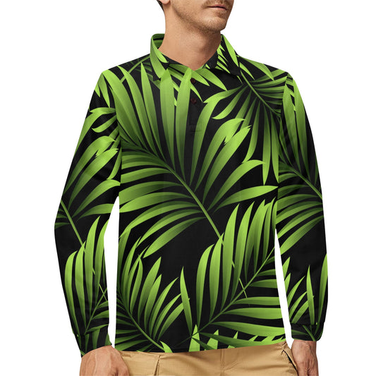 Green Neon Tropical Palm Leaves Long Sleeve Polo Shirt For Men's