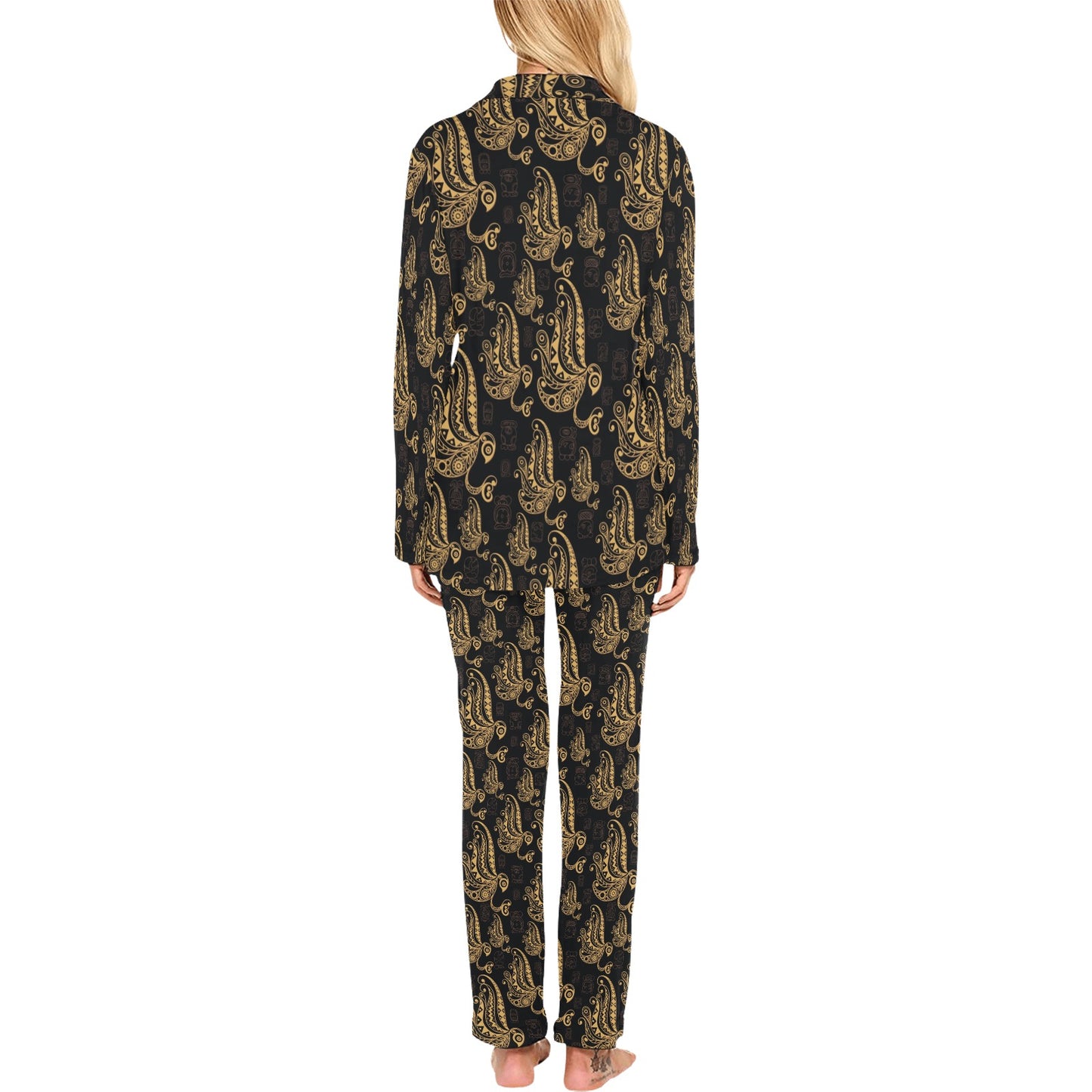 Owl Tribal Polynesian Design Print Women's Long Pajama Set