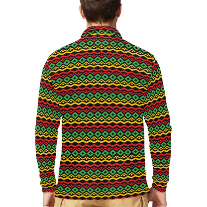 Rasta Reggae Color Themed Long Sleeve Polo Shirt For Men's