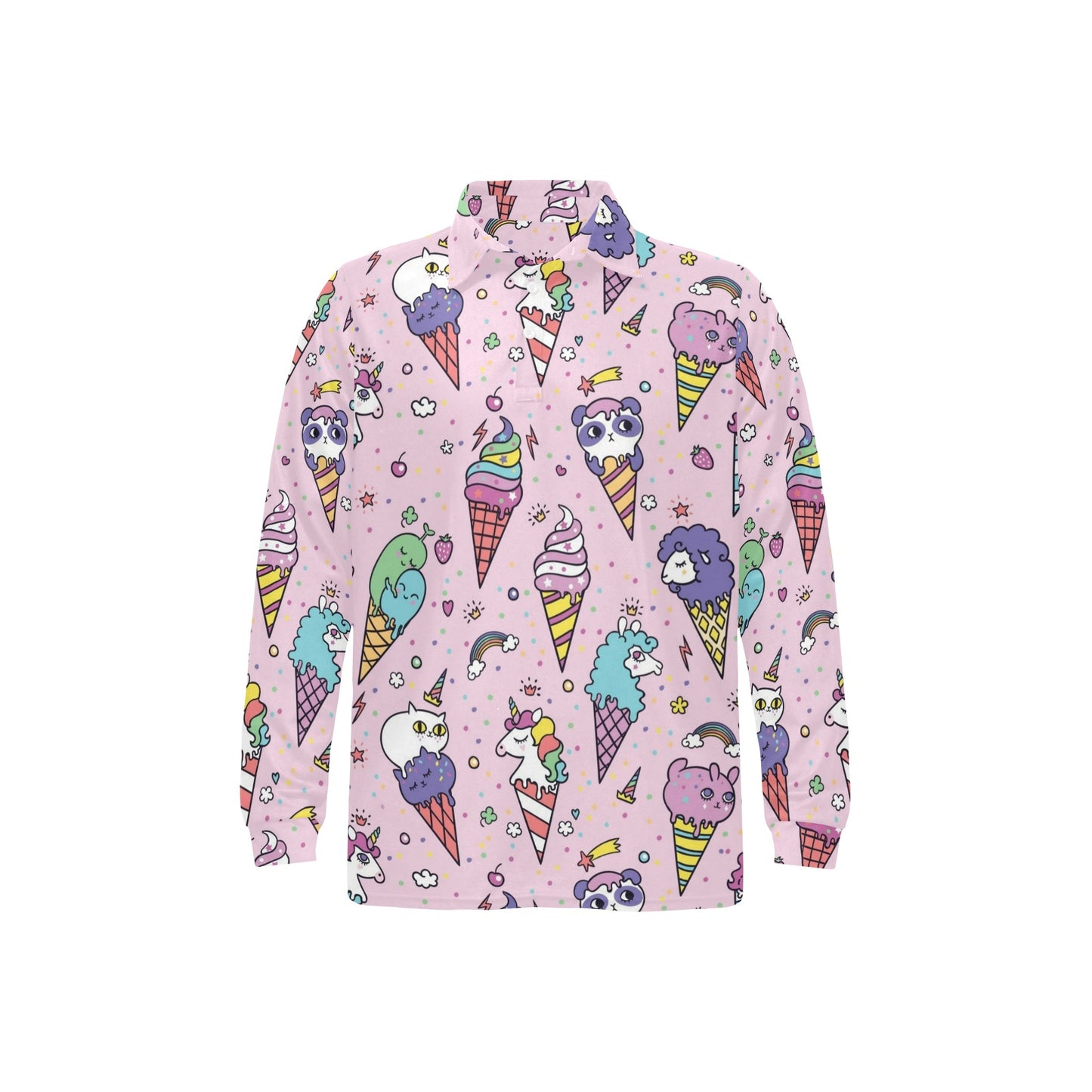 Ice Cream Pattern Print Design IC05 Long Sleeve Polo Shirt For Men's