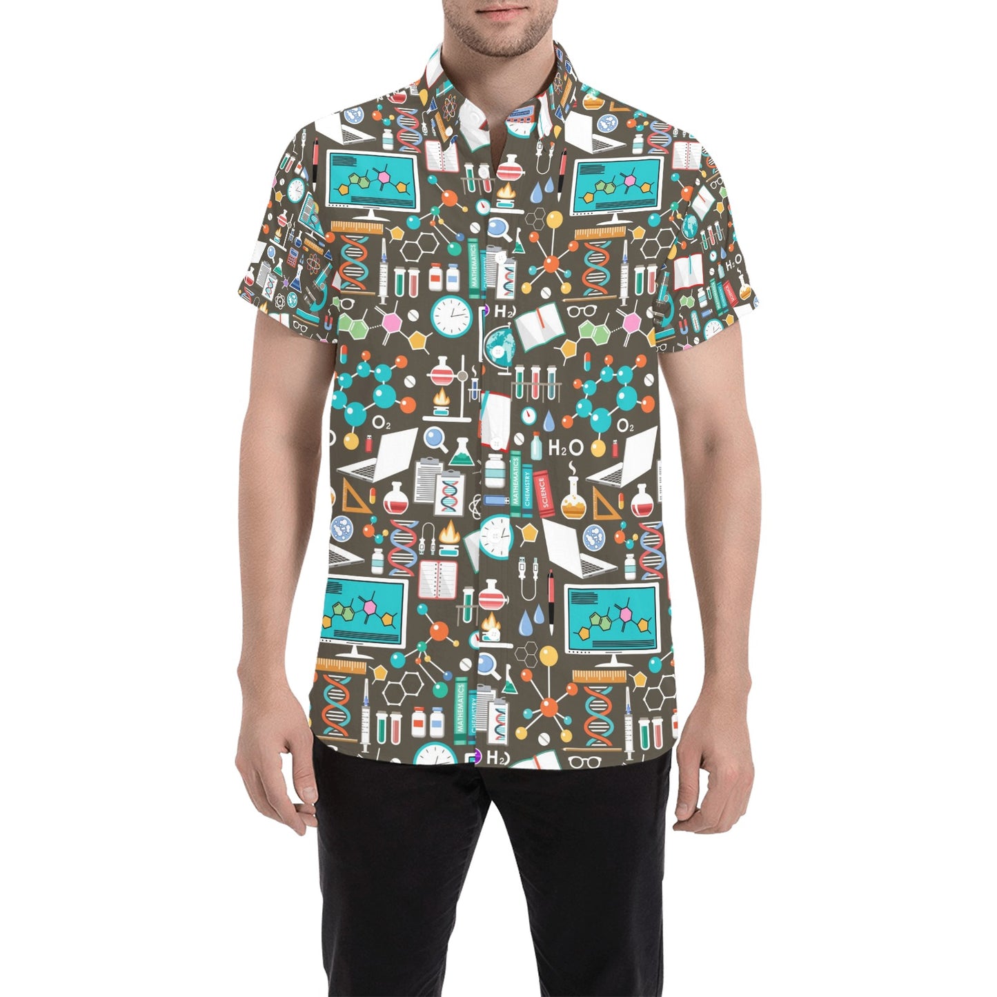 Science Print Design LKS303 Men Short Sleeve Button Up Shirt