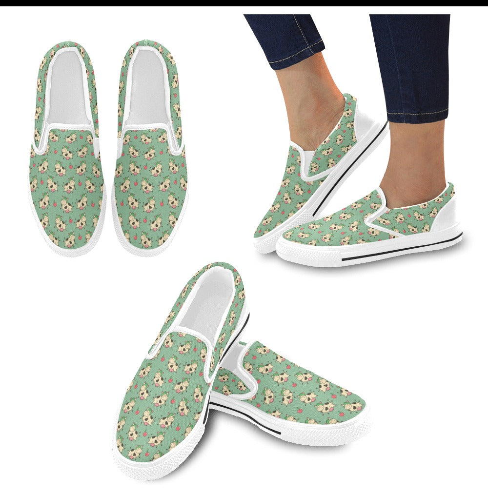 Cattle Print Design LKS402 White Slip Ons Canvas Women's Shoes
