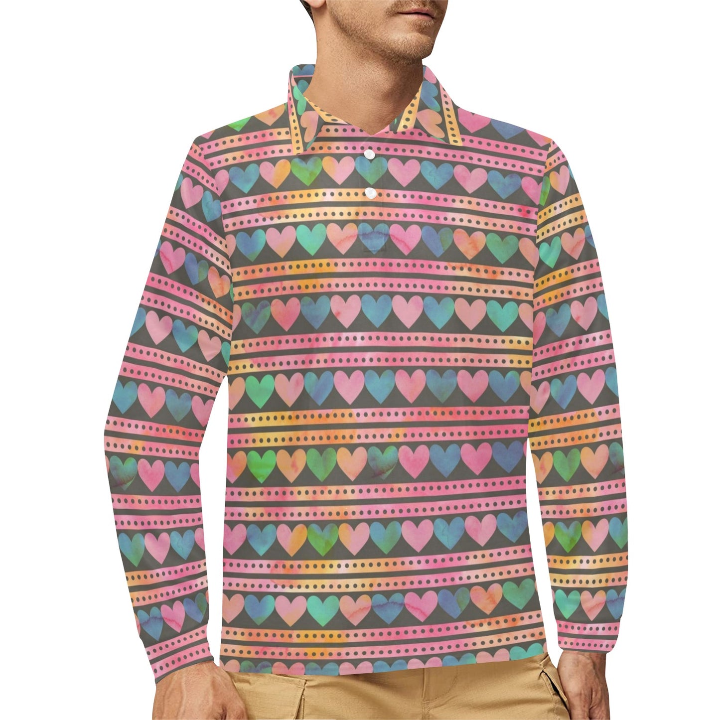 Heart Pattern Print Design HE010 Long Sleeve Polo Shirt For Men's