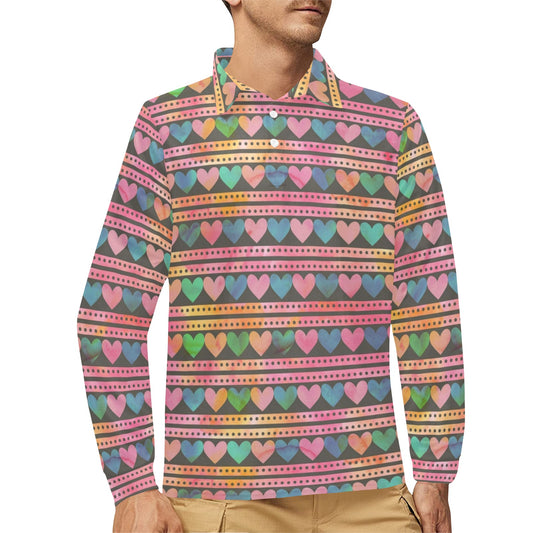 Heart Pattern Print Design HE010 Long Sleeve Polo Shirt For Men's