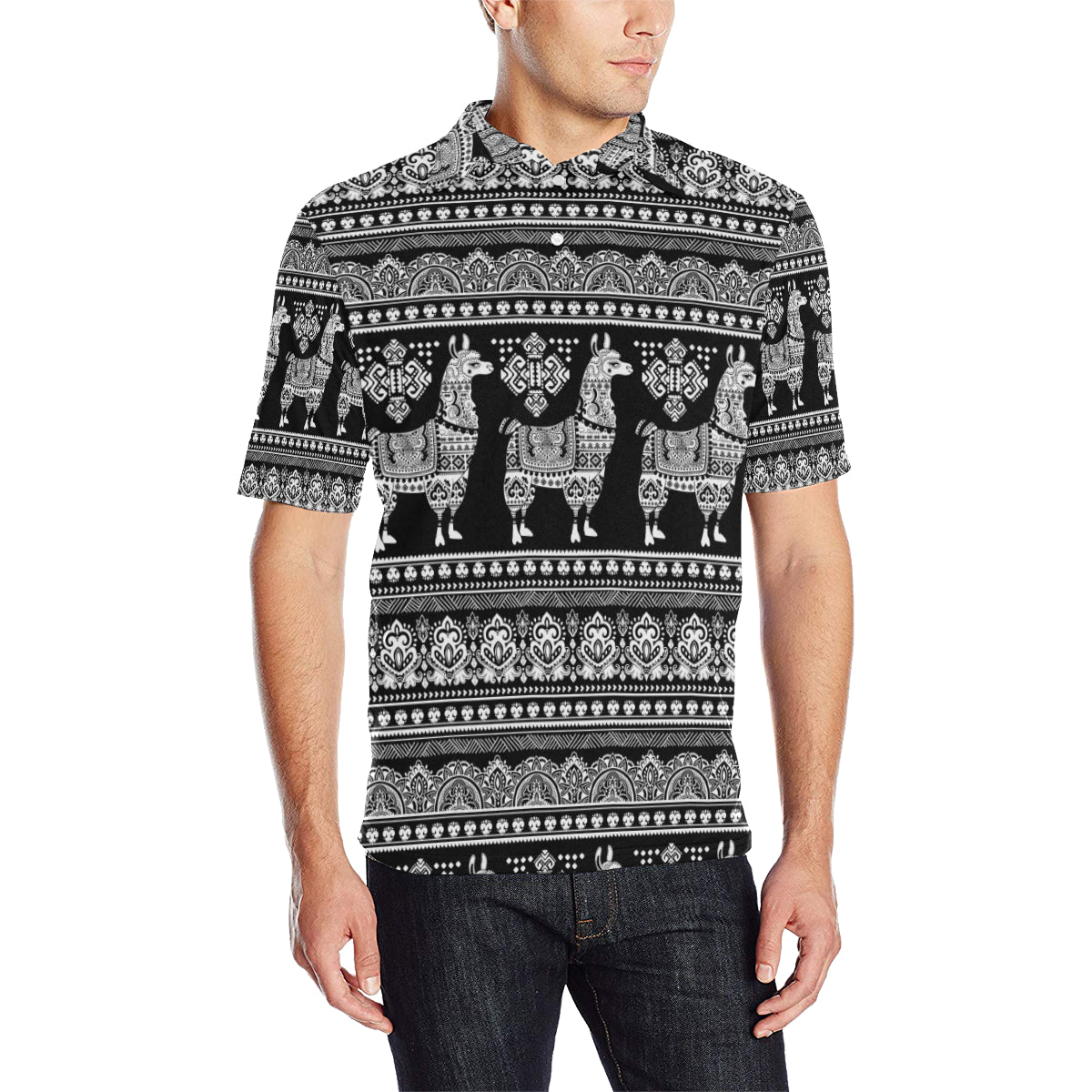 Llama Aztec Style Pattern Print Design 01 Men Polo Shirt
