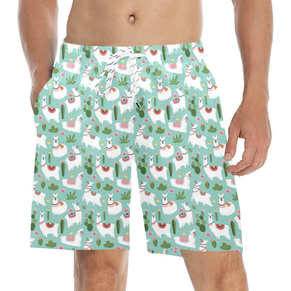 Llama with Cactus Themed Print Men's Swim Trunks Beach Shorts