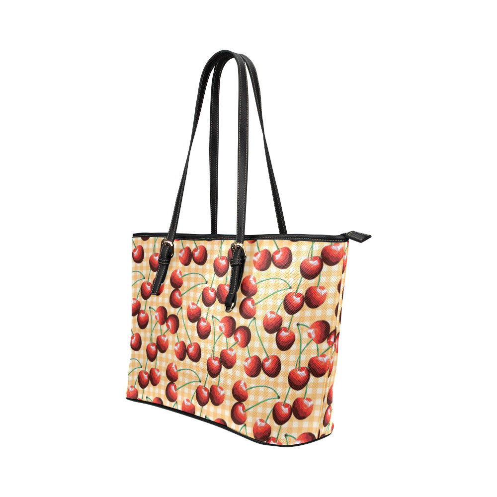 Cherry Orange Plaid Print Leather Tote Bag
