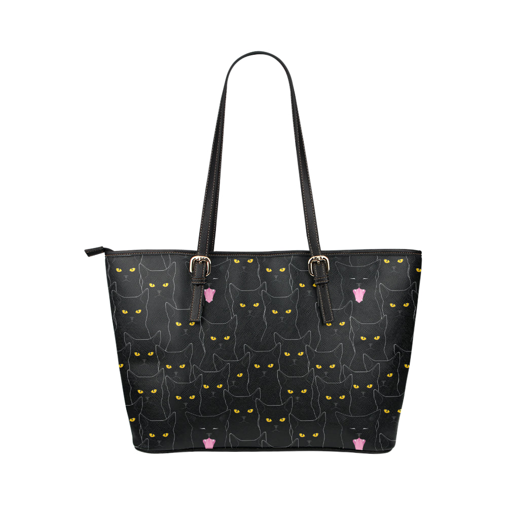 Black Cat Yellow Eyes Print Pattern Leather Tote Bag