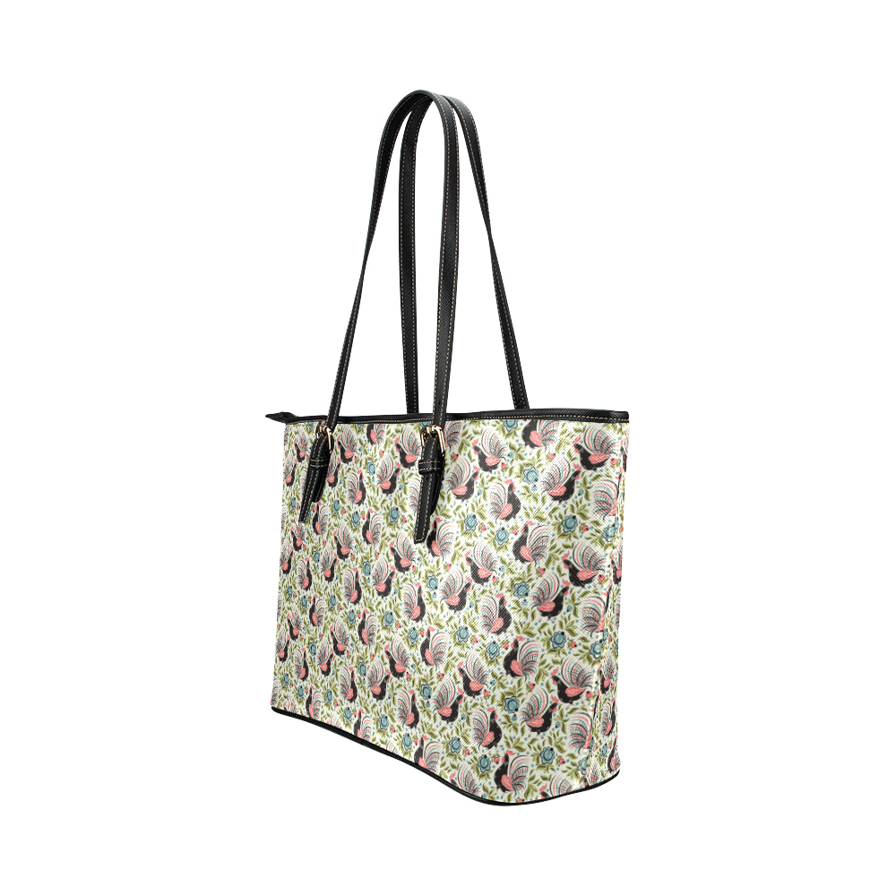 Rooster Print Design Leather Tote Bag
