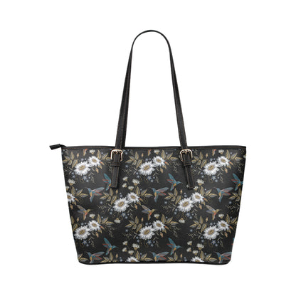 Hummingbird with Embroidery Themed Print Leather Tote Bag