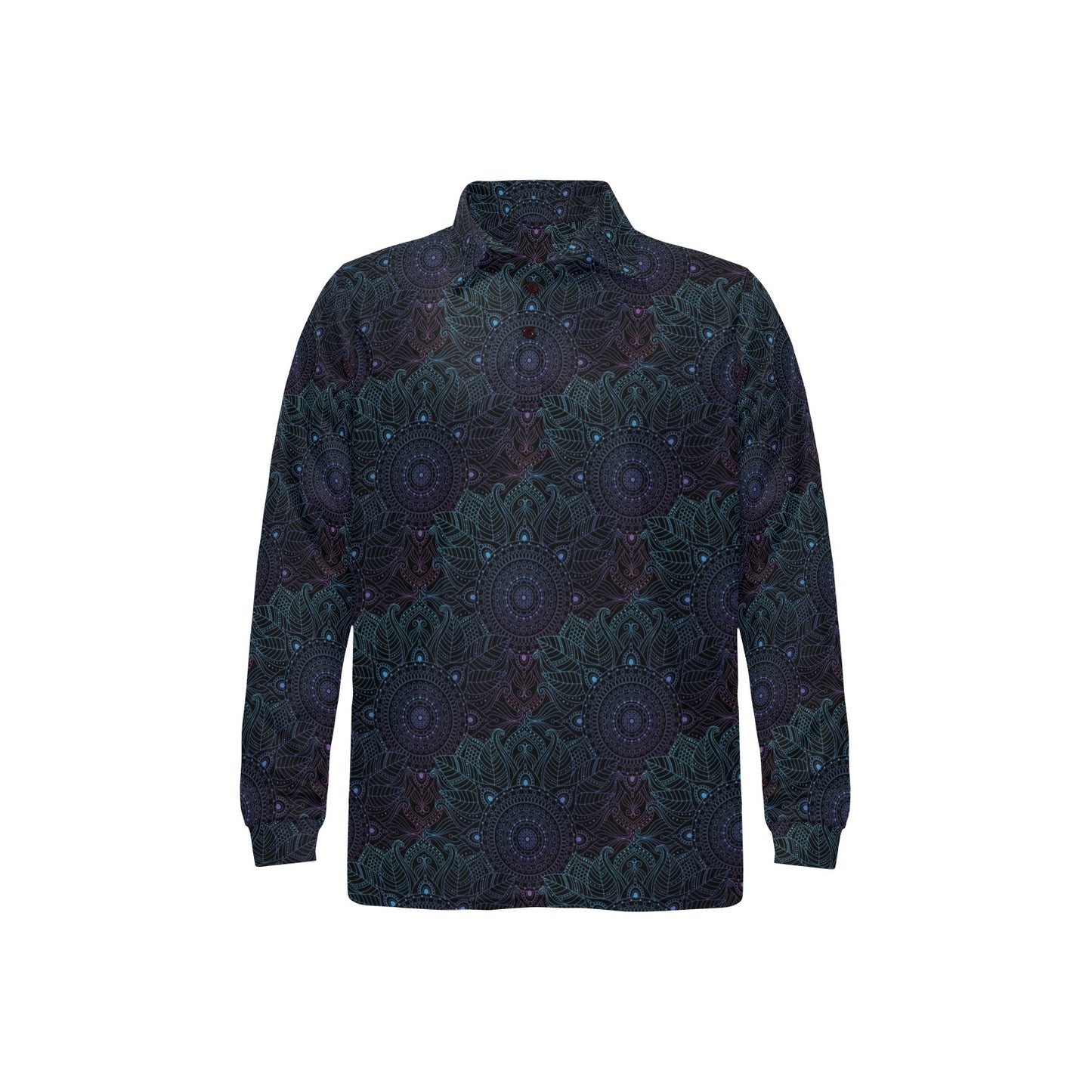 Boho Floral Mandala Long Sleeve Polo Shirt For Men's