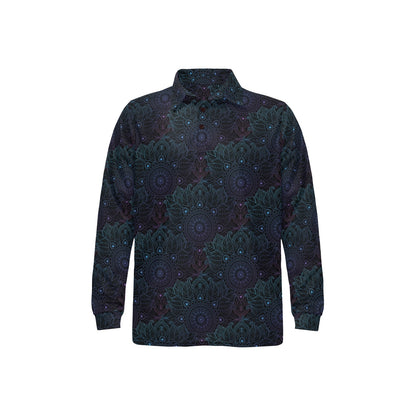 Boho Floral Mandala Long Sleeve Polo Shirt For Men's