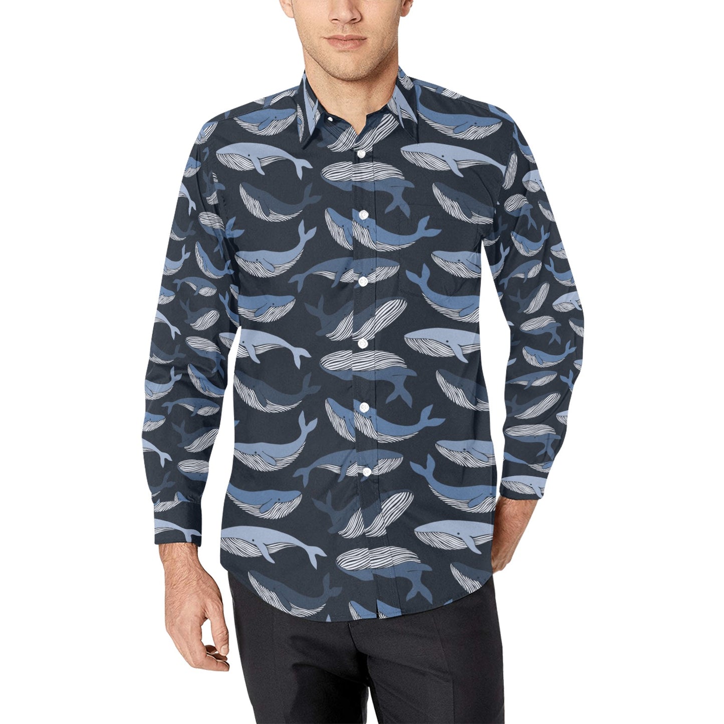 Whale Print Design LKS301 Men's Long Sleeve Dress Shirt