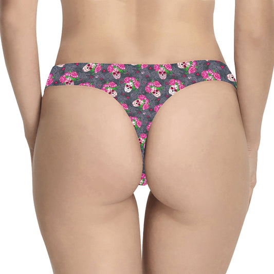 Sugar Skull Pink Rose Themed Print Women's Thongs