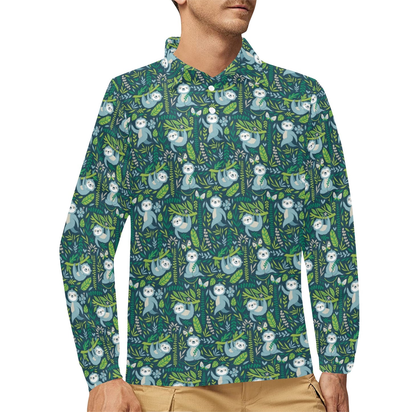 Sloth Print Design LKS304 Long Sleeve Polo Shirt For Men's