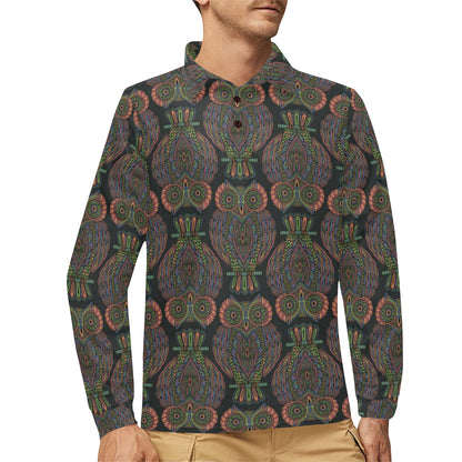 Owl Pattern Print Design A05 Long Sleeve Polo Shirt For Men's