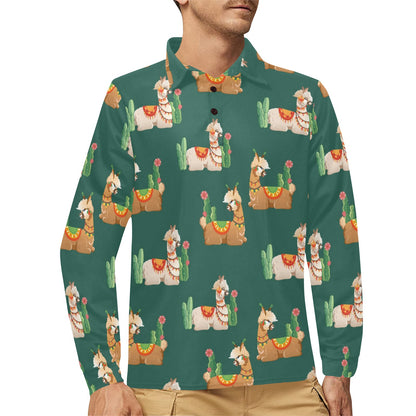Llama Cactus Pattern Print Design 07 Long Sleeve Polo Shirt For Men's