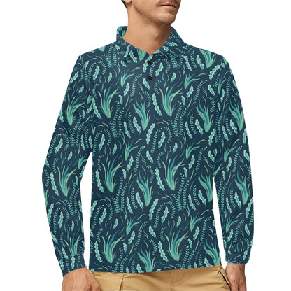 Seaweed Print Design LKS302 Long Sleeve Polo Shirt For Men's