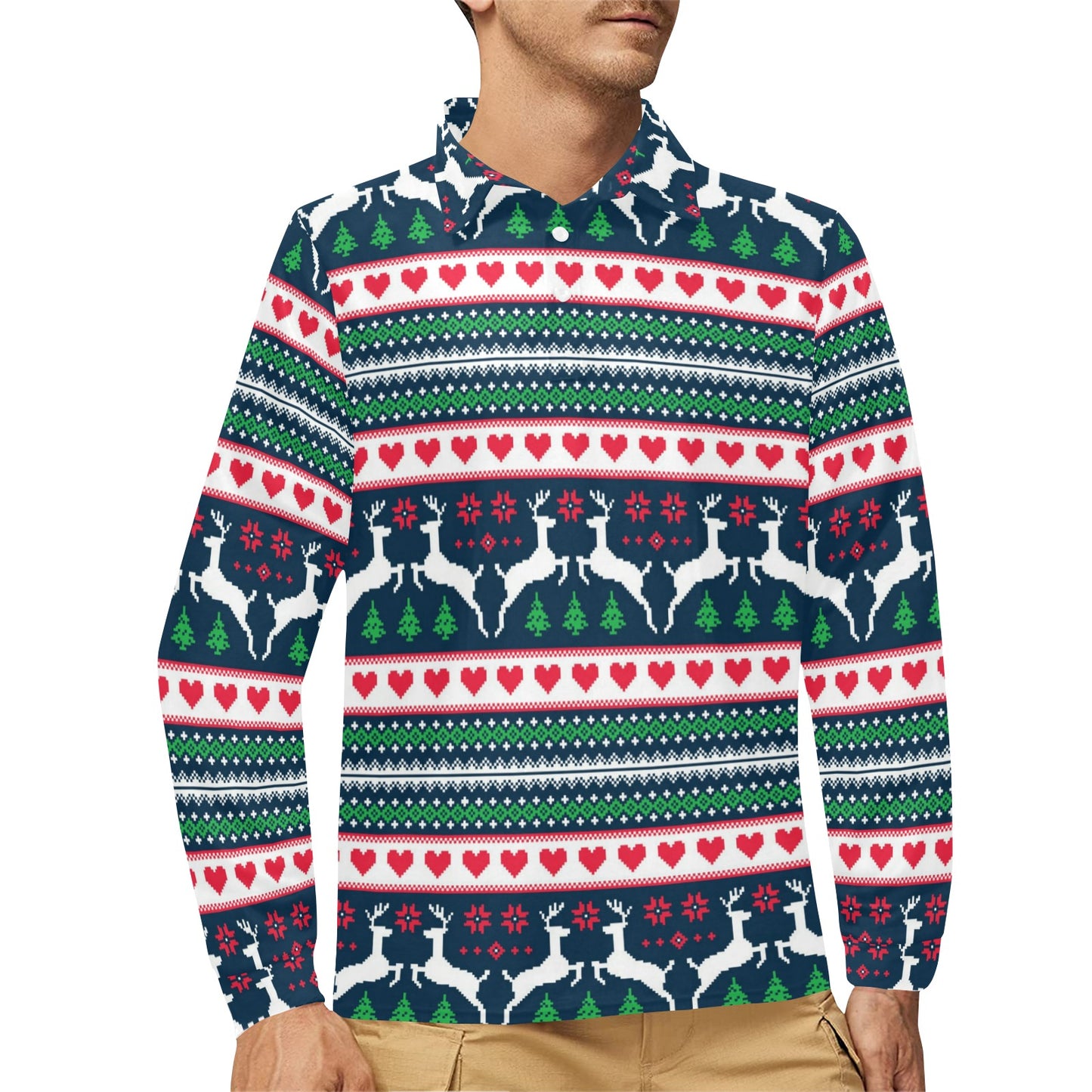 Reindeer Pattern Print Design 03 Long Sleeve Polo Shirt For Men's