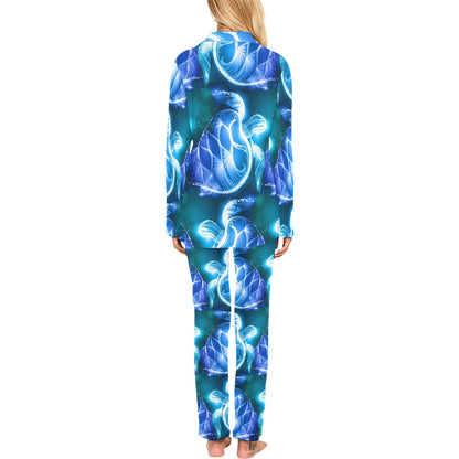 Blue Neon Sea Turtle Print Women's Long Pajama Set
