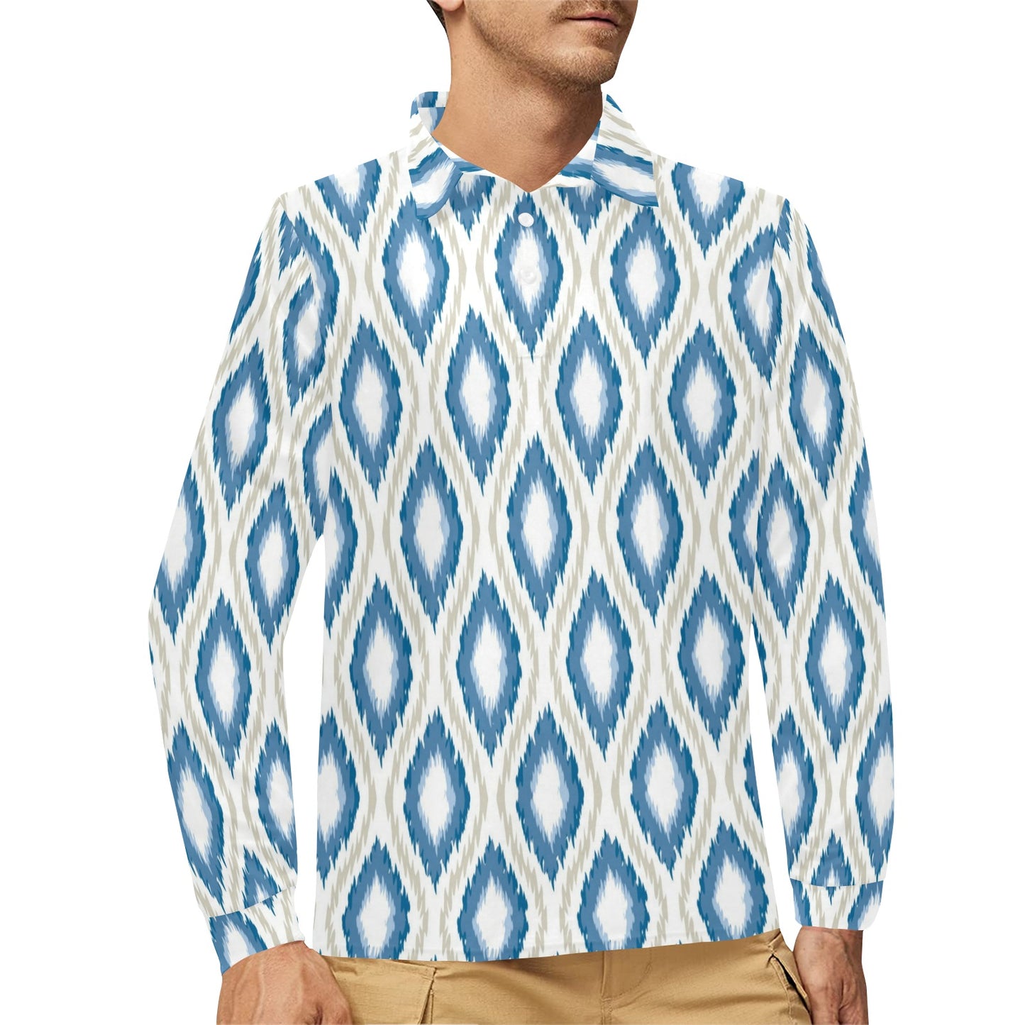 Ikat Pattern Print Design 02 Long Sleeve Polo Shirt For Men's