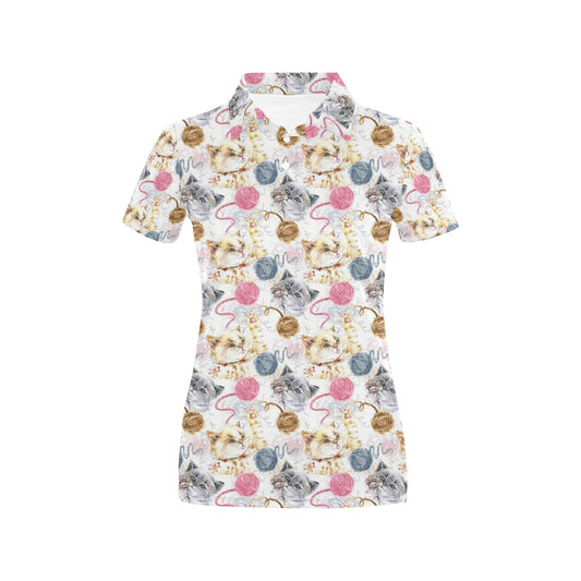Cat Playing Yarn Pattern Print Design 07 Women's Polo Shirt
