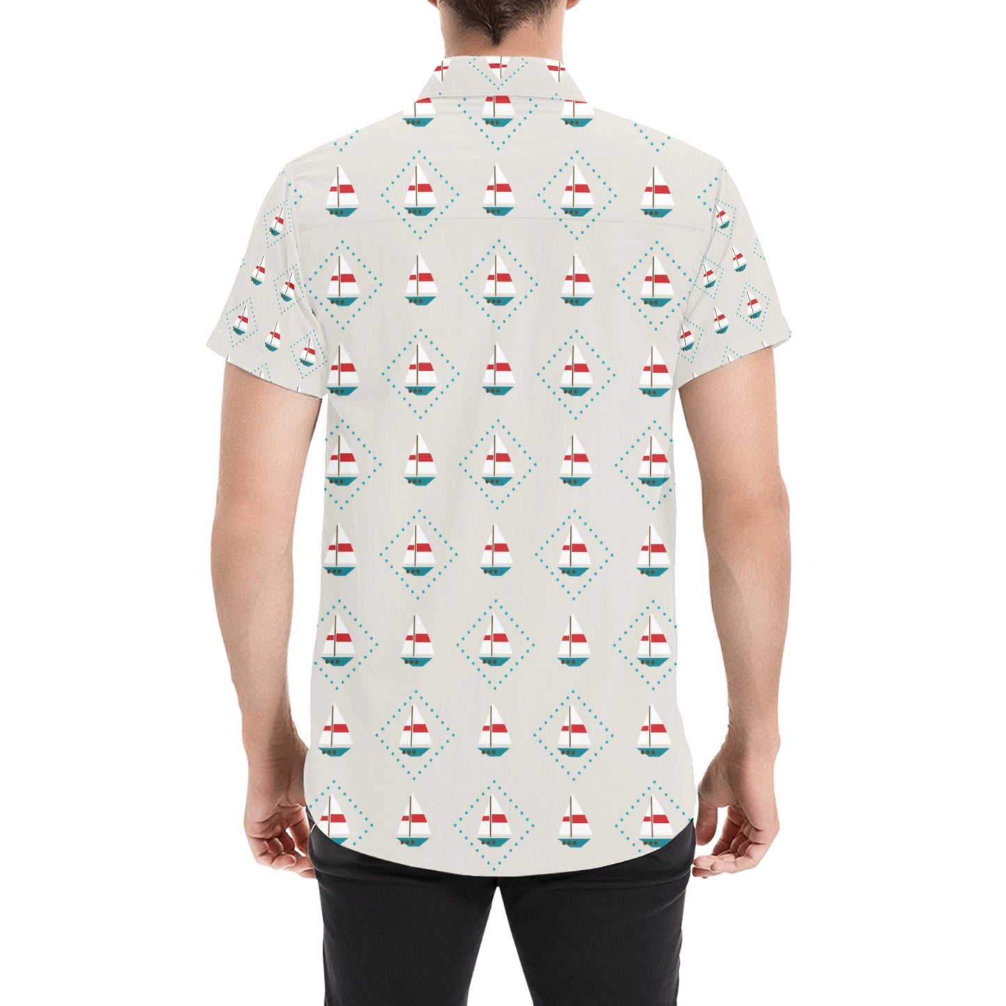 Sailboat Print Design LKS301 Men Short Sleeve Button Up Shirt