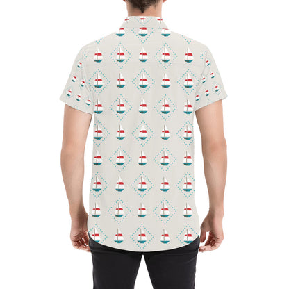 Sailboat Print Design LKS301 Men Short Sleeve Button Up Shirt