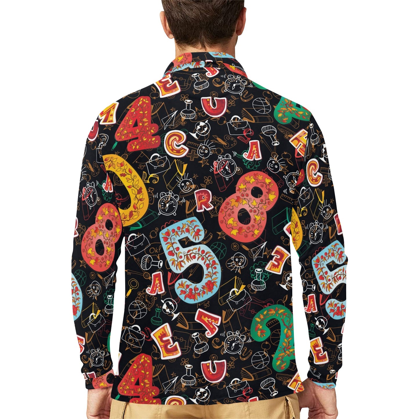 Number Pattern Print Design A03 Long Sleeve Polo Shirt For Men's