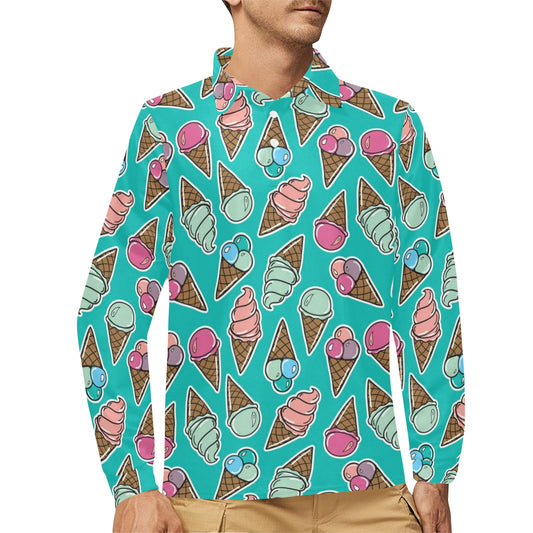 Ice Cream Pattern Print Design IC01 Long Sleeve Polo Shirt For Men's