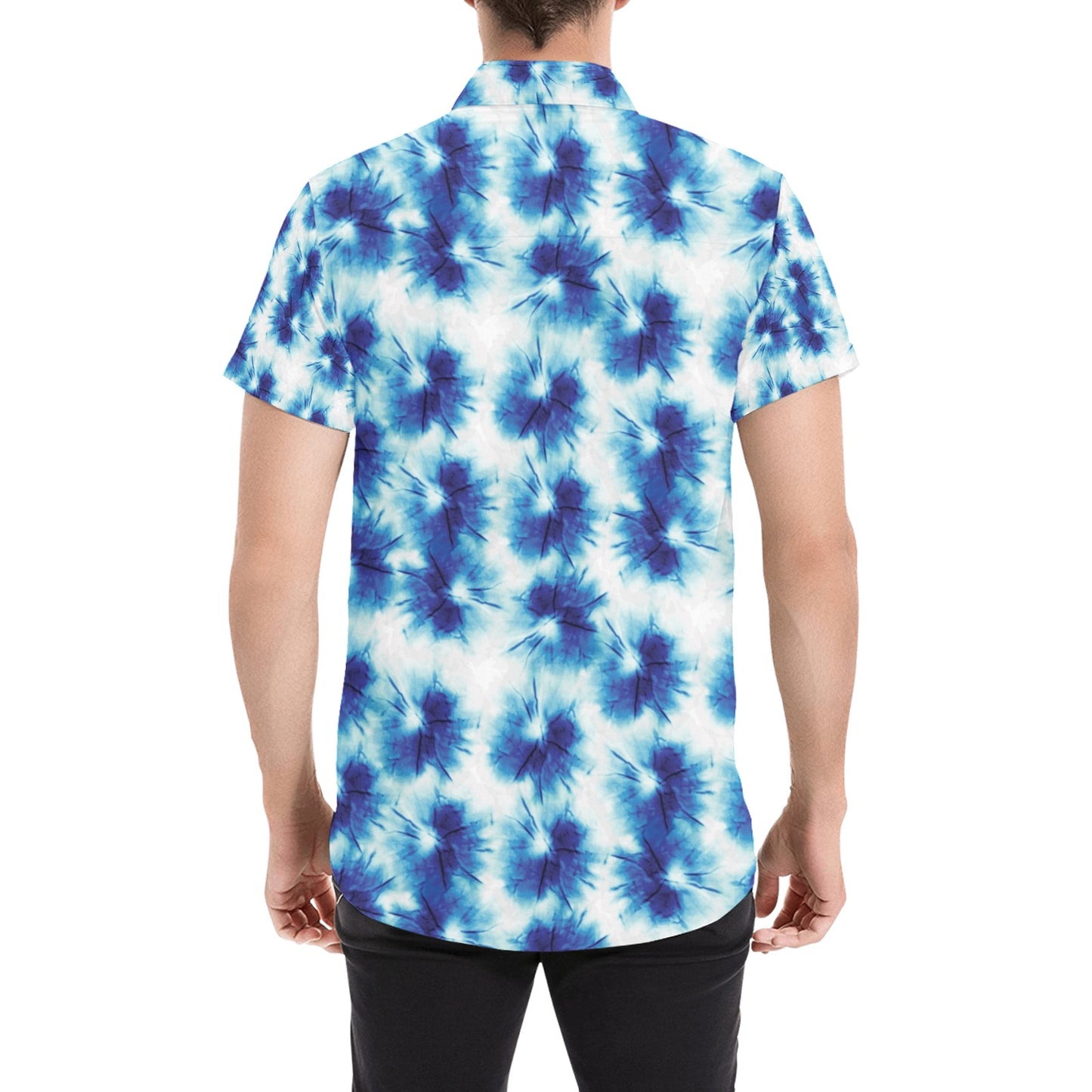 Tie Dye Blue Print Design LKS305 Men Short Sleeve Button Up Shirt