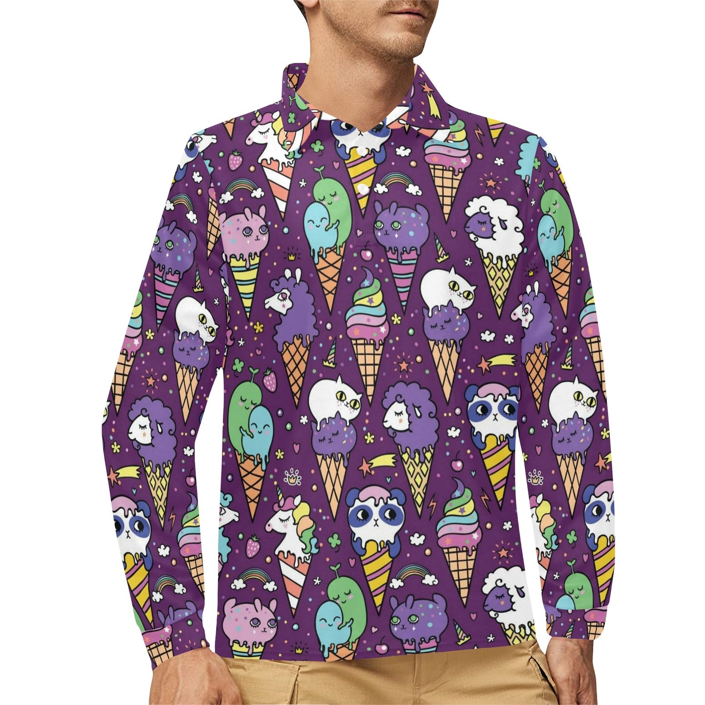 Ice Cream Pattern Print Design IC07 Long Sleeve Polo Shirt For Men's