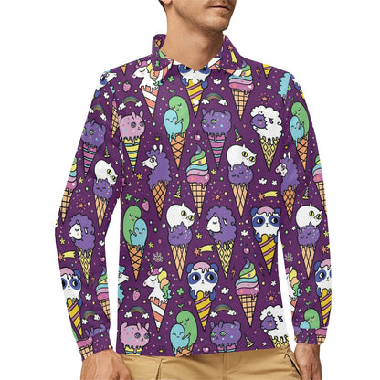 Ice Cream Pattern Print Design IC07 Long Sleeve Polo Shirt For Men's