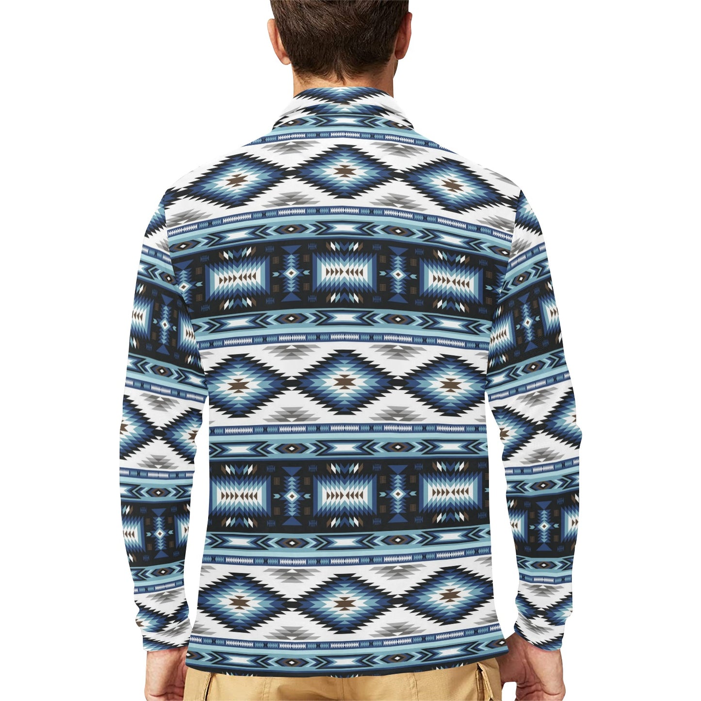 Navajo Dark Blue Print Pattern Long Sleeve Polo Shirt For Men's