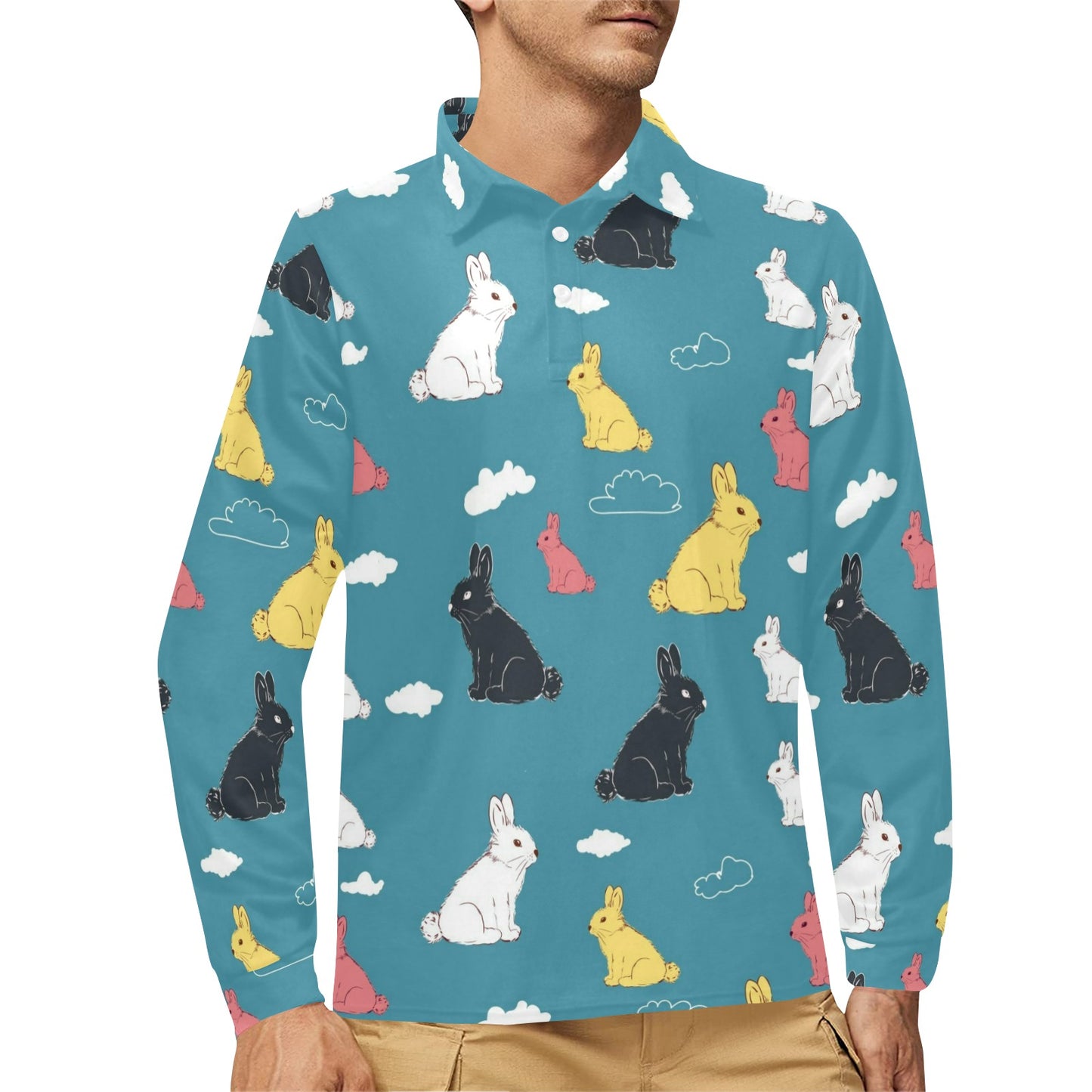 Rabbit Pattern Print Design RB014 Long Sleeve Polo Shirt For Men's