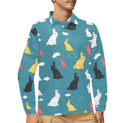 Rabbit Pattern Print Design RB014 Long Sleeve Polo Shirt For Men's